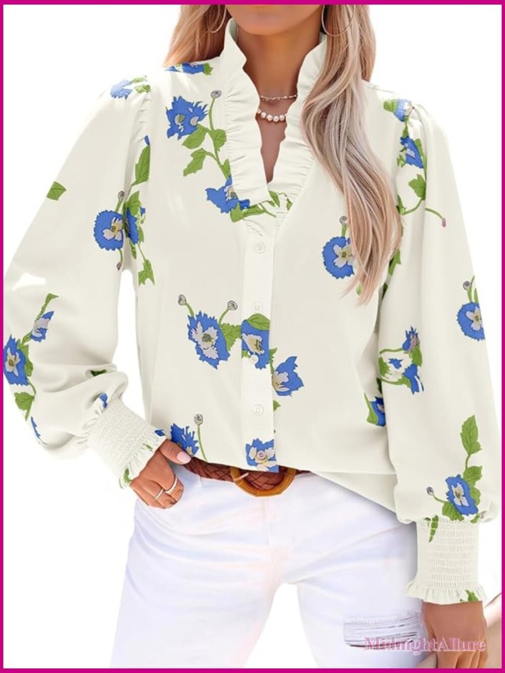 Floral Ruffle V-Neck Blouse in Ivory with Blue Flowers